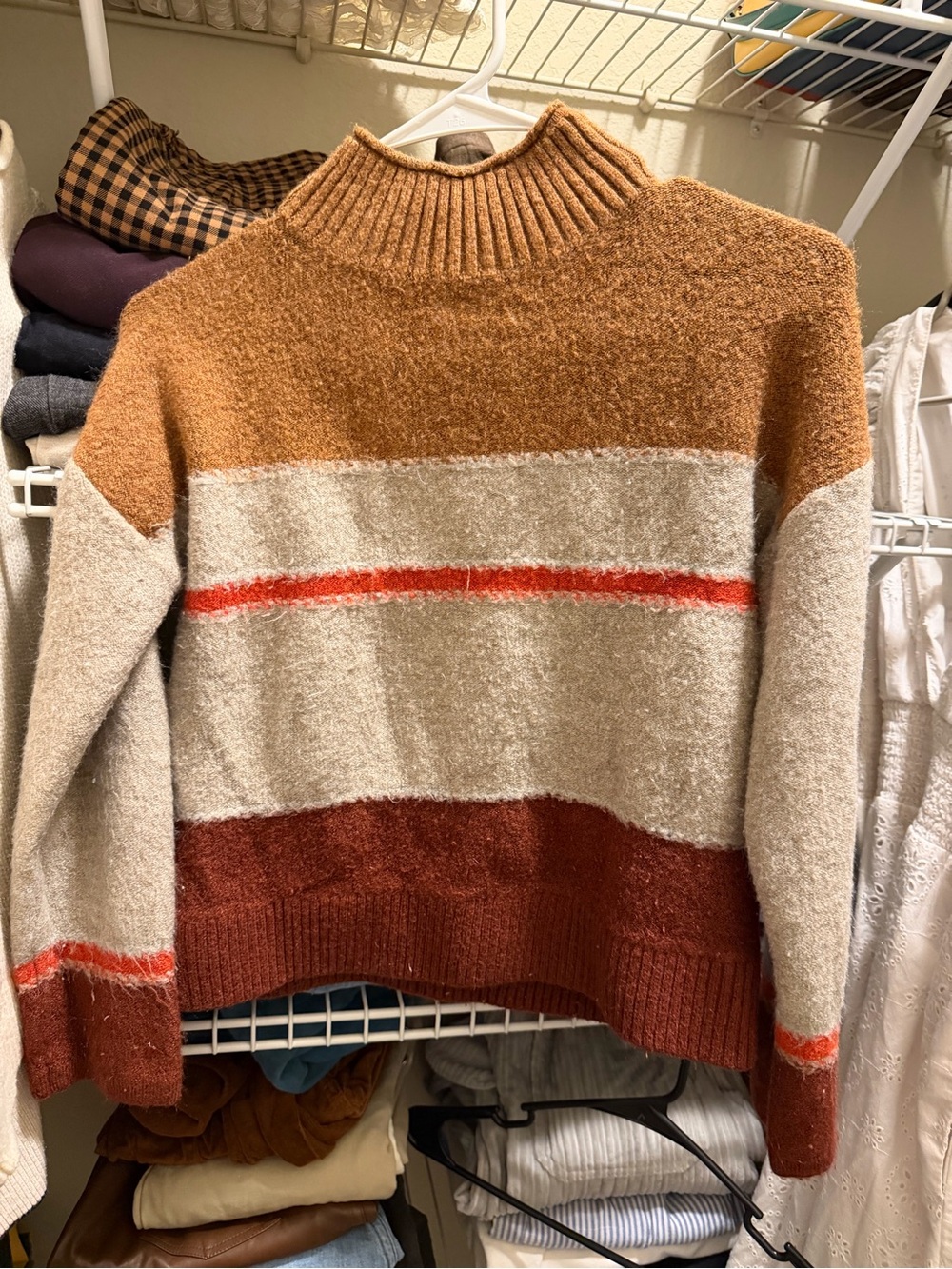 Universal Thread Colorblock Mock Neck Sweater in Camel, Cream and Rust
